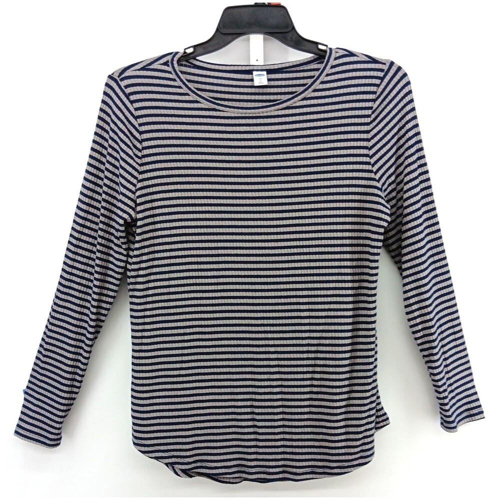 Gap Shirt Womens Medium Blue Gray Striped Metallic Gold Thread Long Sleeve Top - Picture 1 of 6